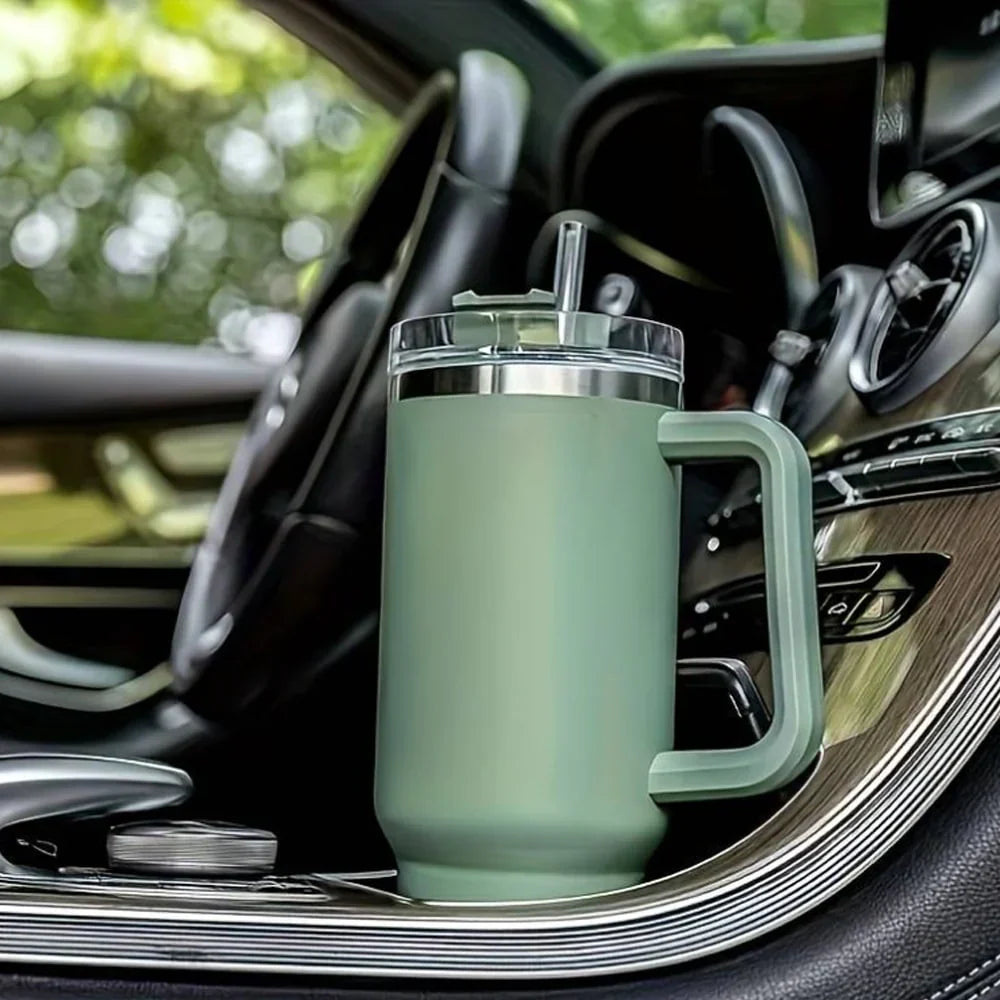 Termoskopp i glass på 1200 ml med håndtak, lokk og sugerør (perfekt for kalde/varme drikker)